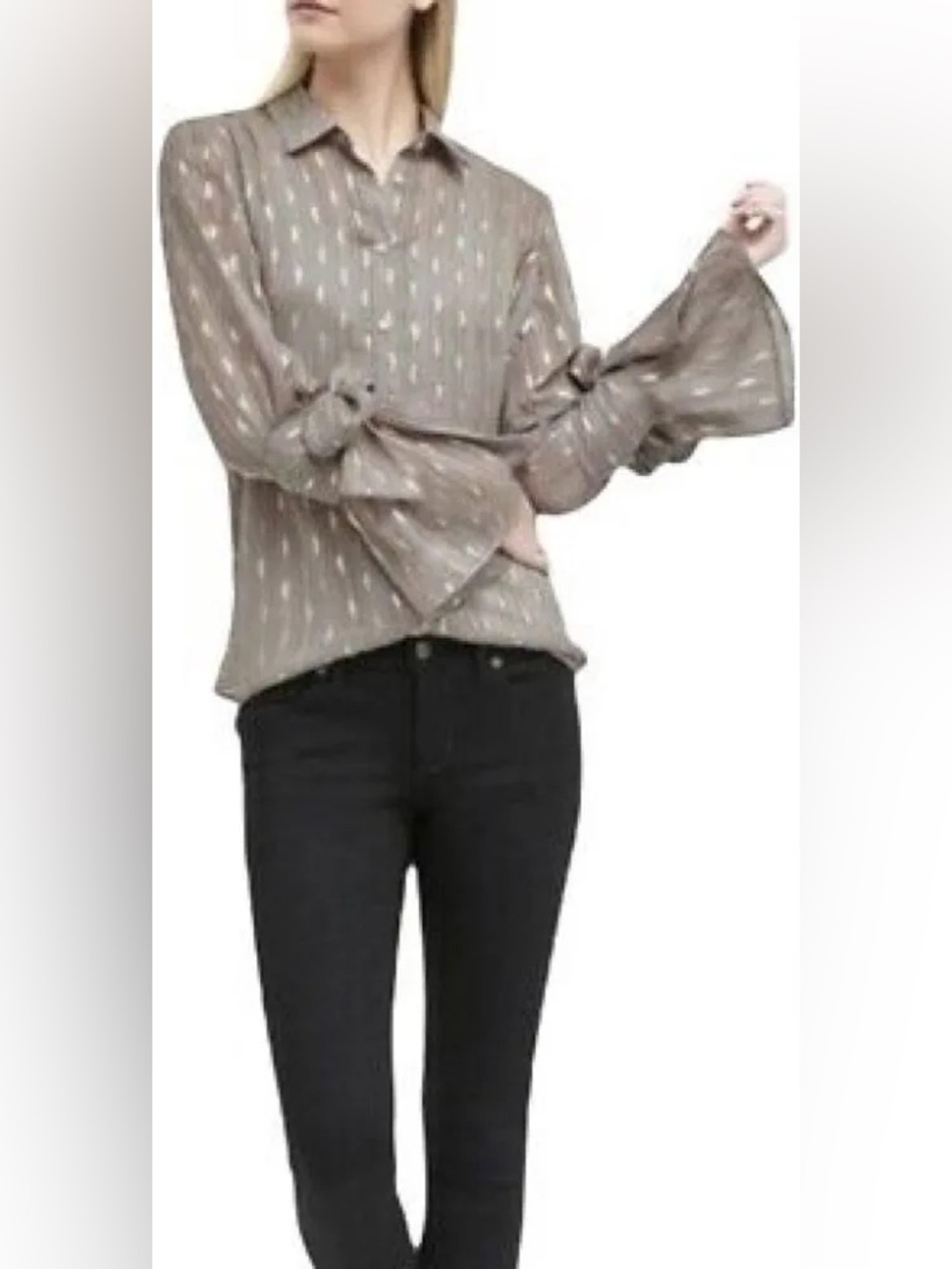 Banana Republic Dillon Shirt XS Taupe Gold Foil Bell Tie Sleeve